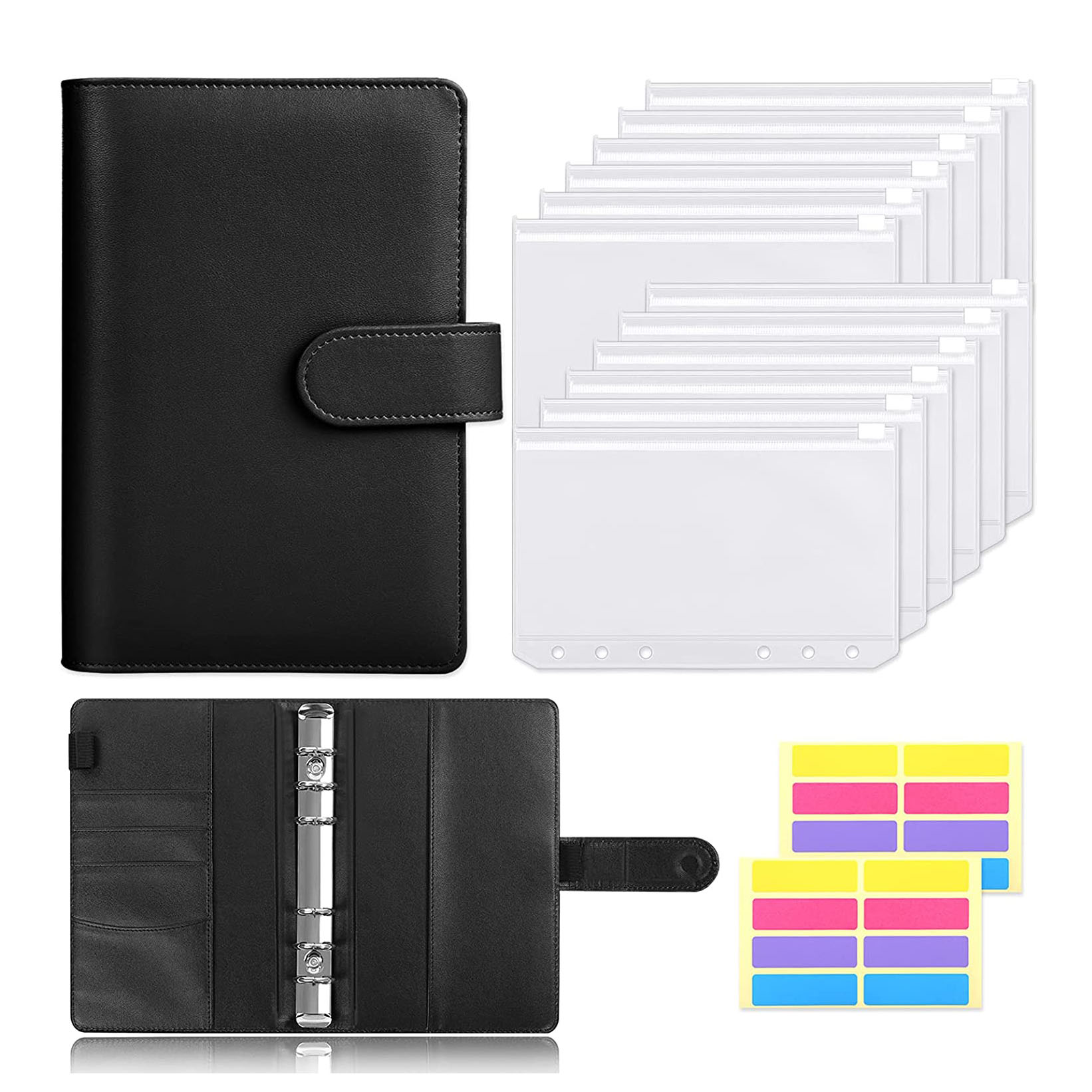 A6 PU Leather Binder Budget Cash Envelopes System Planner Organizer12pcs Binder Clear Zipper Pockets and Label Stickers